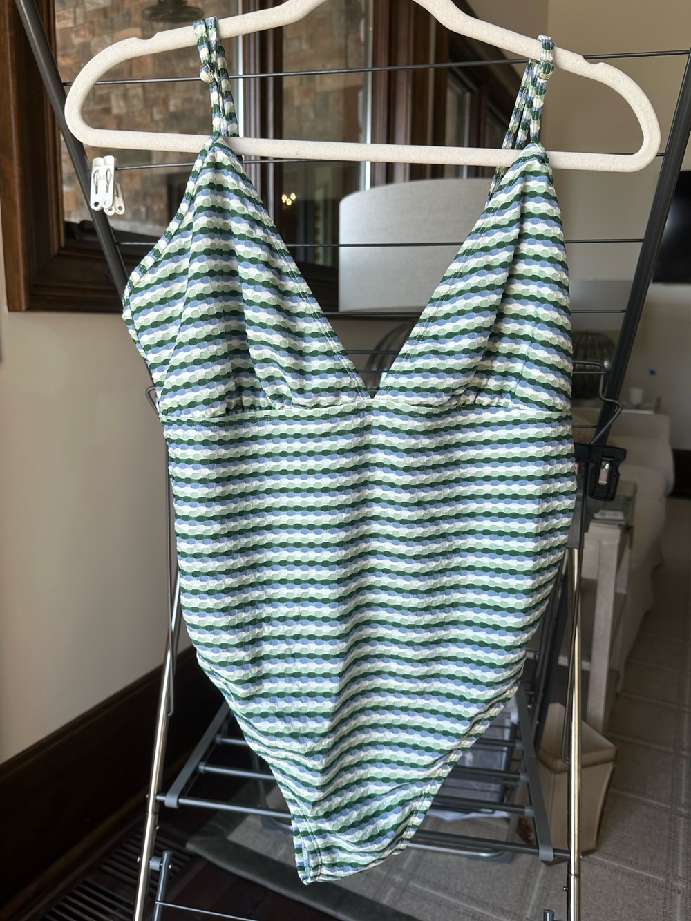 Shade & Shore Blue and Green Striped Swim Top